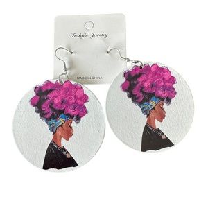 Beautiful African Woman Painted Wood Oversized Drop Earrings